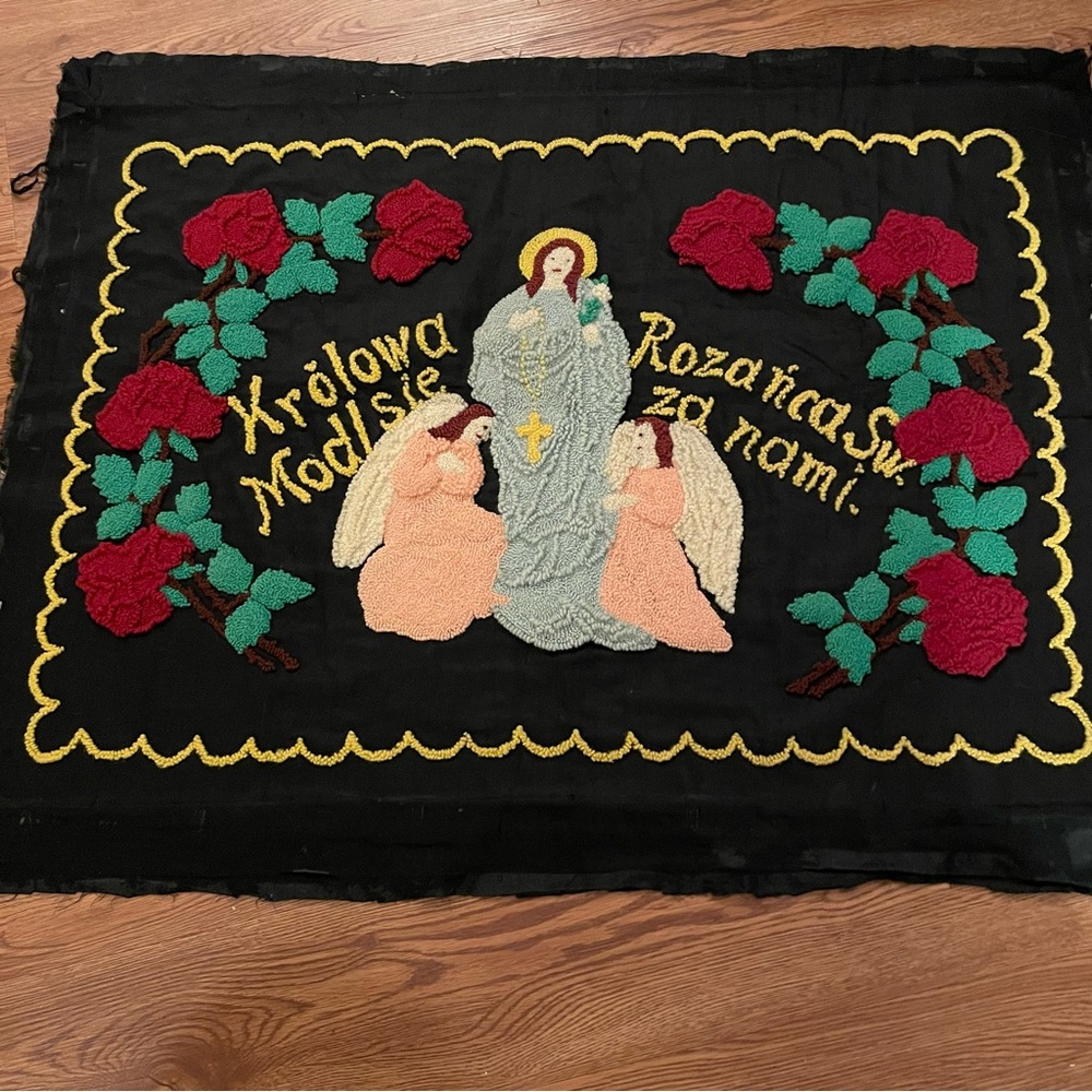 Vintage‎ Punch Needle Embroidery Religious Wall Hanging Tapestry Polish Prayer